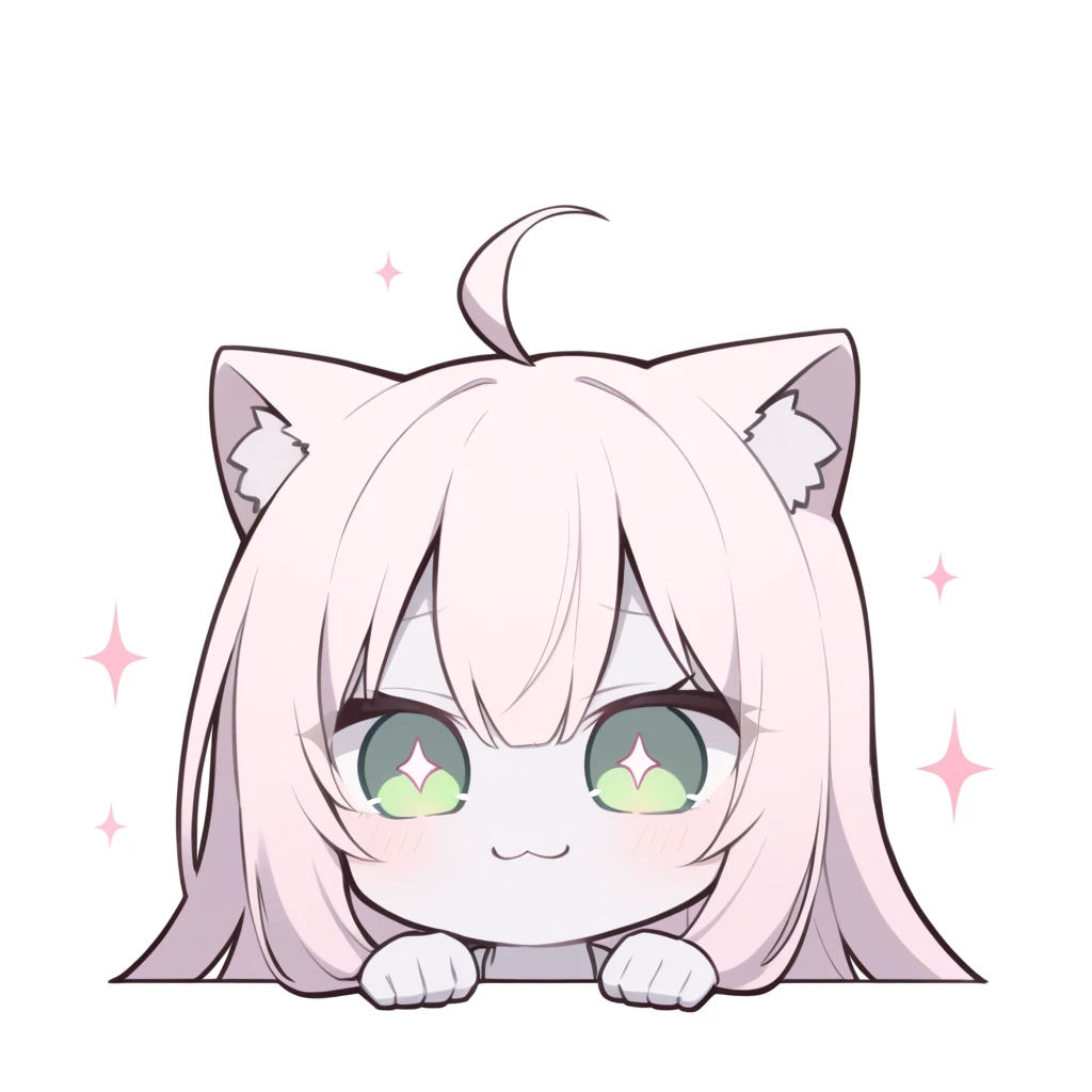  Medium quality ,  A girl, pale skin, blush, rosy shoulders , series,  long hair, straight hair,  fringe on eyes ,  green eyes,  dark green pupils,  white glitter on the eyes, gray glasses , neko girl, Alone,  white background,  light pink hair, >:3, adult girl