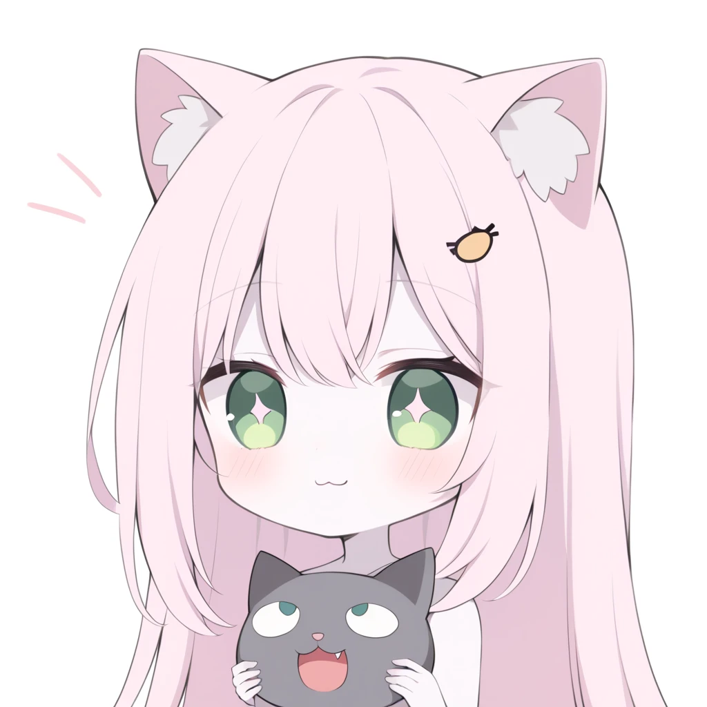  Medium quality ,  A girl, pale skin, blush, rosy shoulders , series,  long hair, straight hair,  fringe on eyes ,  green eyes,  dark green pupils,  white glitter on the eyes, gray glasses , neko girl, Alone,  white background,  light pink hair, >:3, adult girl