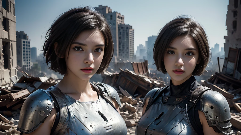 masterpiece,  high resolution ,8K,( Portrait Photos:1.5),(R Original Photo),Reality,Digital Photography,(Ruins of the Apocalypse  ),City ruins，20 year old pretty female ，Short hair，Shut up，  post-apocalyptic scene ， Upper body photography ，Damaged Armor，Full figure