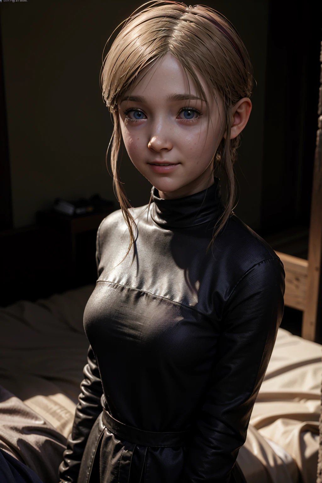 A stunning intricate full color portrait Ultra-HD, movie style,  age, happy look, glow, eye shadow, 1girl, Depth & Perspective, smiling face, fine face, She's standing from behind in the bedroom, indoors, bed in the background, wearing a black turtleneck,  epic character composition,  alessio albi,  nina masic,  sharp focus,  natural lighting,  subsurface scattering,  f2,  35mm, highlight lighting, global lighting –uplight –v 4, cinematic, Cinematic lighting, 8K, high quality, Highest Quality, (Solo Focus), (extremly intricate:1.3), (Realistic), masterful, Analog style, (Film grain:1.5), (cold tone),