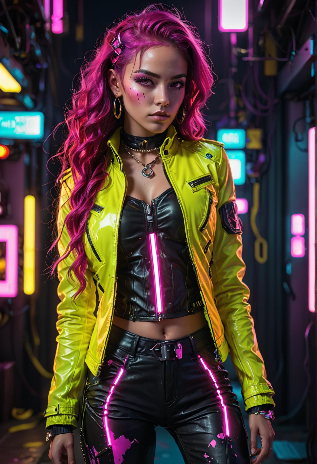 Female figure (age:20-25, ethnicity:caucasian, detailed clothing:1.3, detailed accessories:1.2) in neon-colored cyberpunk fashion, centered in the frame.  Bright neon yellow jacket, black bustier top with metallic buckles and rings, and vibrant pink pants patterned with glowing abstract designs, glowing with fluorescent lighting.  (Facial features:1.3), (expression:1.2), (posing:1.2), (body type:1.1), (detailed skin texture: 1.2).  Long, bright purple-pink hair with highlights, (accessories: earrings).  Hands are positioned casually as if holding the pants.  (Pose:1.2)  Dark background, rich in vibrant neon hues, creating intense contrast and a striking visual effect with specific lighting, focusing on the vibrant colors, creating a dynamic composition. Vibrant lighting emphasized by vibrant and bold primary colors like yellow, pink and black. Digital art, photorealistic, hyperrealistic style, highly detailed fashion portrait, 8k resolution, (glowing accents:1.2), (bright lighting:1.2).