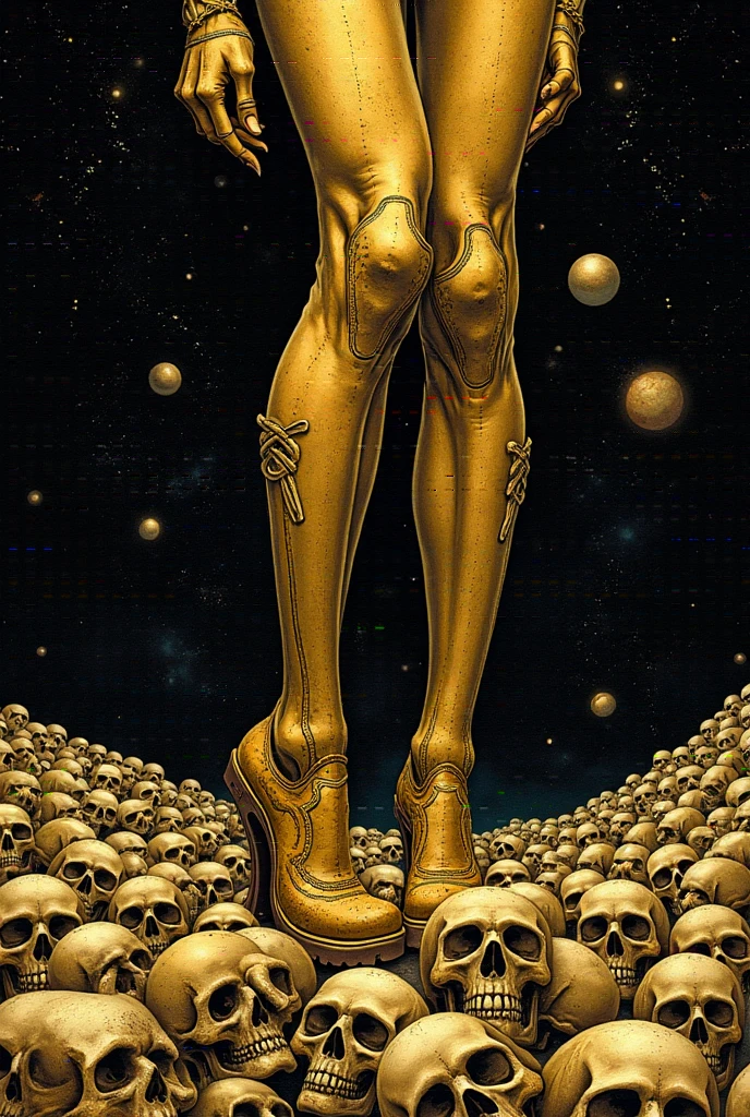  gold illustration on black background ,Lots of skulls rolling to the ground are stepped on huge high-heeled feet,mcbess poster,  Detailed photo of the album cover  , hypervivid intense mcbess,  Space horror illustration , mcbess, by Tom La Padula,  Hilix artwork , mcbess illustration,  Cosmic Horror Paintings ,  inspired by Michael Defoge illustration ,  decorative galactic gold ,  Detailed Cover Artwork , Gold skull