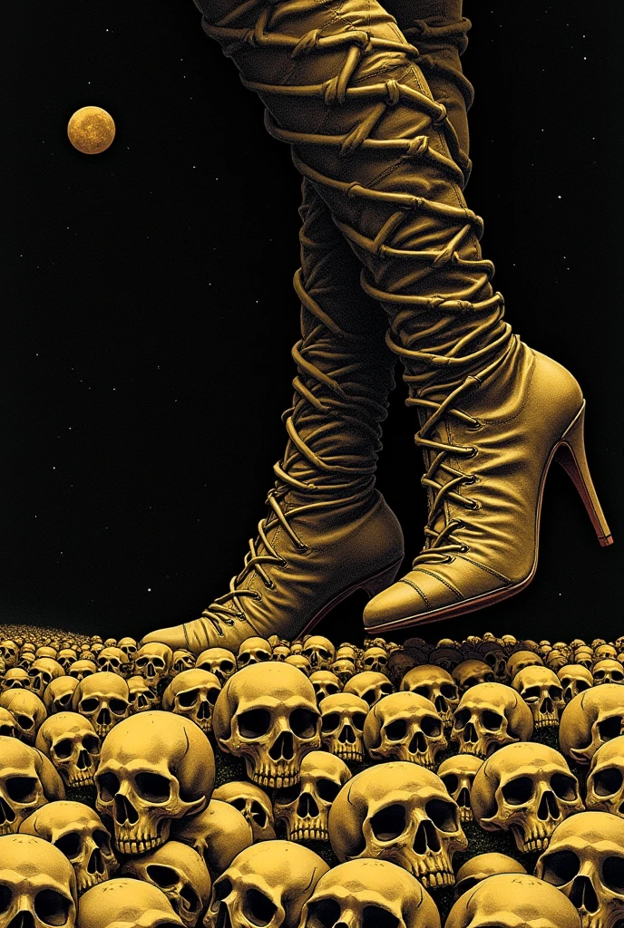  gold illustration on black background ,Lots of skulls rolling to the ground are stepped on huge high-heeled feet,mcbess poster,  Detailed photo of the album cover  , hypervivid intense mcbess,  Space horror illustration , mcbess, by Tom La Padula,  Hilix artwork , mcbess illustration,  Cosmic Horror Paintings ,  inspired by Michael Defoge illustration ,  decorative galactic gold ,  Detailed Cover Artwork , Gold skull