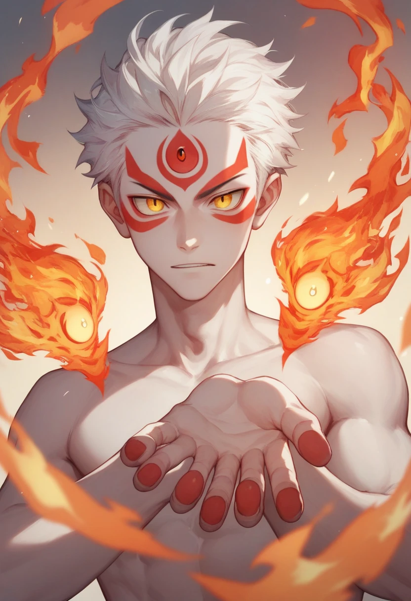 man, fire hair, white skin, red face paint, anime style, fire powers, yellow eyes, white hair, cat-like third eye on forehead, fire in hands