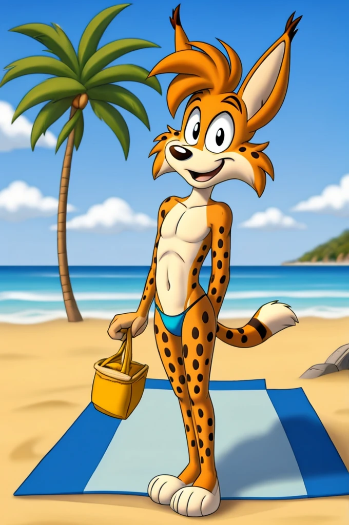 Lynx cartoon guy full length slim skinny in red speedo on the beach with a happy face striped tail