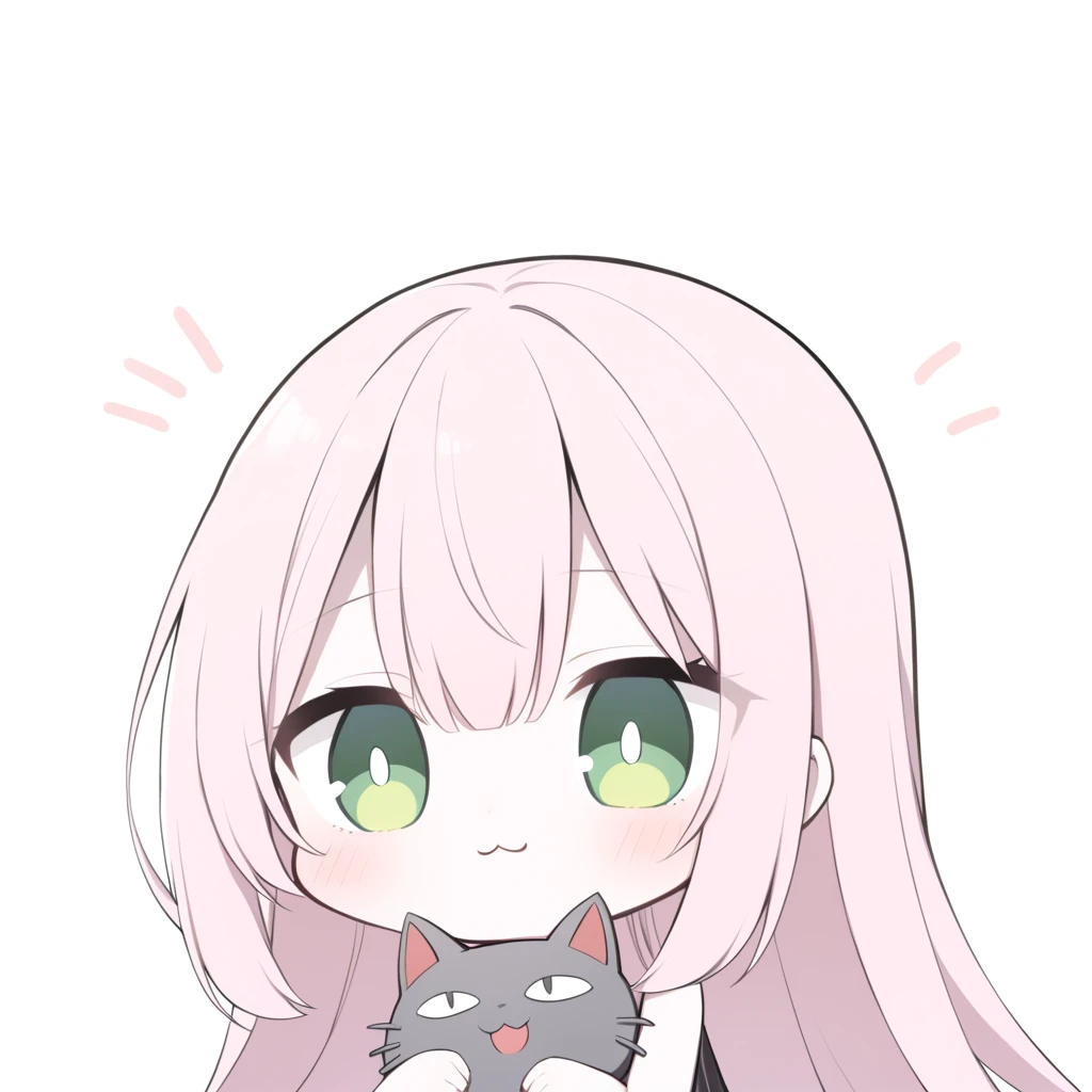  Medium quality ,  A girl, pale skin, blush, rosy shoulders , series,  long hair, straight hair,  fringe on eyes ,  green eyes,  dark green pupils,  white glitter on the eyes, gray glasses , neko girl, Alone,  white background,  light pink hair, >:3, meow 