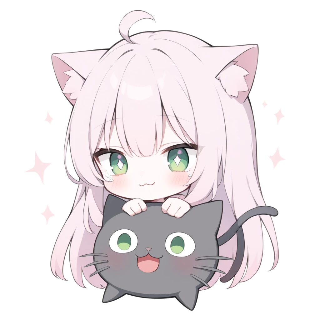  Medium quality ,  A girl, pale skin, blush, rosy shoulders , series,  long hair, straight hair,  fringe on eyes ,  green eyes,  dark green pupils,  white glitter on the eyes, gray glasses , neko girl, Alone,  white background,  light pink hair, >:3, meow 