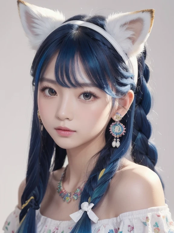 masutepiece, Best Quality, High resolution, (White background: 1.4), [Glitter], [Looking at the viewer, Portrait, 1 Sweet Chinese Girl], (Long hair, Blue hair, Wavy curls, Multicolor Twist Big Blade: 1.3, Furry fox ears, Air bangs), White Off-shoulder Short Sleeves, Delicate facial features, Pink lips, earrings, Necklace