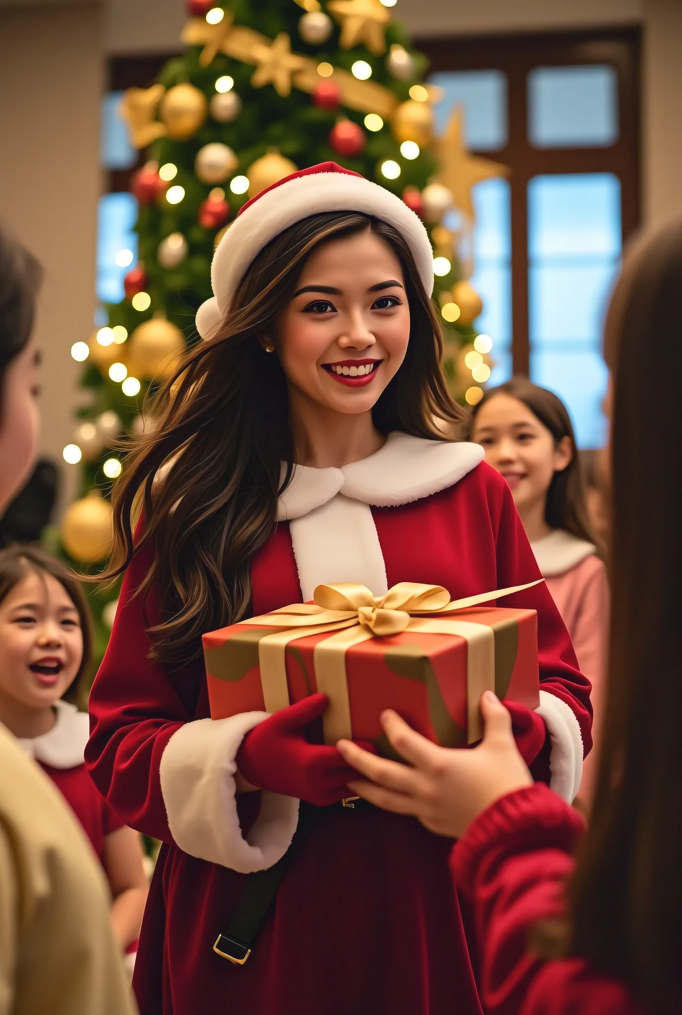 A joyful woman dressed in a red and white Santa outfit handing out gifts to excited ren at a festive Christmas celebration. She has long, flowing dark hair and a radiant smile. She holds several wrapped presents in vibrant colors with golden ribbons. The ren around her are laughing and reaching for the gifts, their faces filled with excitement and happiness. Her Santa dress is detailed with white fur trim, and she wears red gloves. The background features a large, decorated Christmas tree adorned with ornaments, golden stars, and twinkling lights. The indoor setting is filled with festive decorations like garlands, hanging stars, and snowflake ornaments. Snow-like confetti is gently falling around the group. The lighting is warm, soft, and diffused, creating a cozy and festive atmosphere. The lights from the Christmas tree add a gentle glow to the scene. The style is photorealistic, ultra-detailed, vibrant, and dynamic, focusing on capturing the joy and warmth of the holiday spirit. The mood is festive, heartwarming, and full of cheer, exuding the magic of Christmas and community joy. The camera angle is a medium shot, slightly low, emphasizing the woman's presence and the ren's reactions. Ultra-high definition (UHD), 8K resolution with rich, sharp details and smooth gradients. Realistic textures of clothing, gift wrapping, and tree ornaments with vivid expressions of joy. 