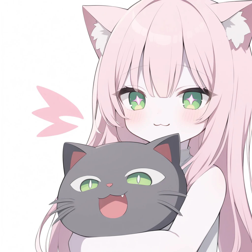  Medium quality ,  A girl, pale skin, blush, rosy shoulders , series,  long hair, straight hair,  fringe on eyes ,  green eyes,  dark green pupils ,  white glitter on the eyes, gray glasses , neko girl, Alone,  white background,  light pink hair, >:3, waifus