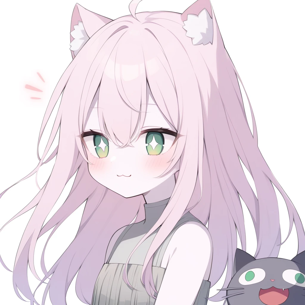  Medium quality ,  A girl, pale skin, blush, rosy shoulders , series,  long hair, straight hair,  fringe on eyes ,  green eyes,  dark green pupils ,  white glitter on the eyes, gray glasses , neko girl, Alone,  white background,  light pink hair, >:3, waifus