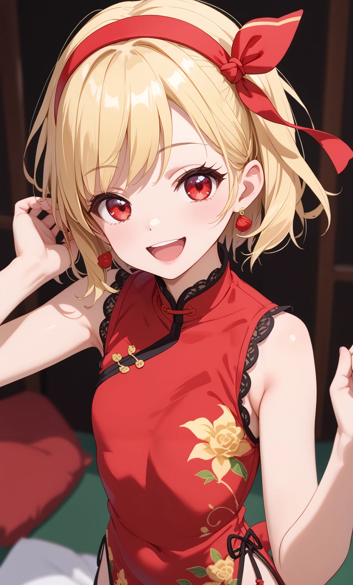 (RED Ribbon on HAIRband:1.2),(masterpiece, best quality), (bishoujo:1.3),UltraSmile, 1girl, ((looking_at_viewer)), depth of field,China Cheongsam, random Color Clothes
BREAK,
1girl,
,
red eyes,
Blonde hair,
BREAK,
(Fighting pause),
(full face),
(open mouth),
RED eyes,
smile,