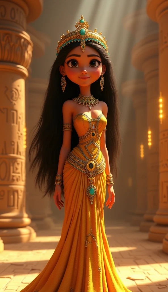 Mulher de 40 anos, dressed like Egyptian, uma rainha, tem a pele escura, His hair is black and on his head he has a crown with a snake.., your dress is copper color, marrom, muito longo e cobre todo o corpo. In the background there is a pharaoh'trono