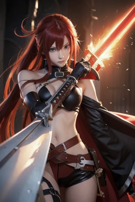 masterpiece 最high quality high quality 1Man Cute Woman fantasy adventurer Inside the dungeon Inside the ruins Attack with a two-handed sword Slashing jump Princess Knight older sister battle effect smile Uplifting red hair dynamic angle ponytail Very big breasts
