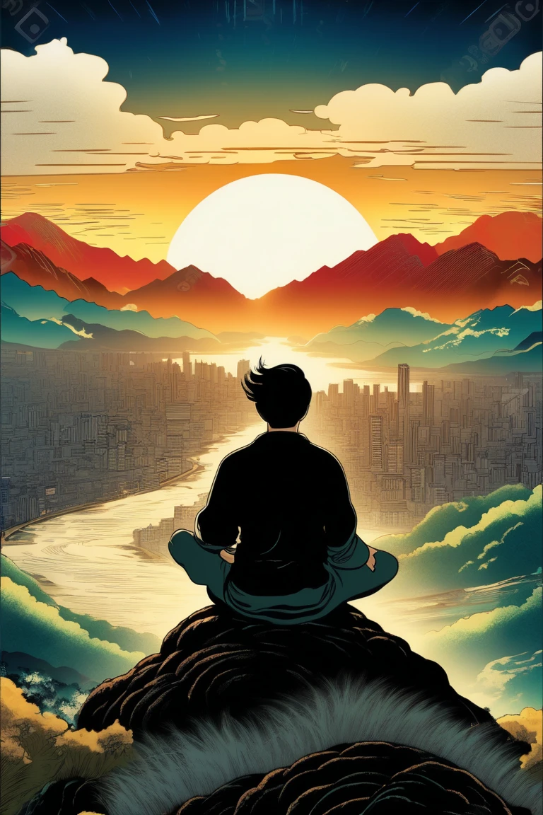   a poster of a man with his back sitting on his back on the top of a mountain meditating in natural, with black wavy hair and a basic black t-shirt and in the background a distant city with some tall and faint buildings. beautiful  movie poster ,  Key art of the film ,  movie poster without text ,  movie poster ,  movie poster , movie poster style ,  film grain,  concept art of the film , ,  cinematic wallpaper 4k ,  cinematic wallpaper 4k , filmic,  cinematic atmosphere , , film records, vibrant colors,  inspired by graphic novel ,  Detailed comic art ,, in the style of Japanese woodcuts mixed with realism realism ,  luminous and dreamlike scenes, no hands in the scene