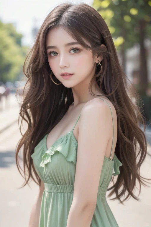 Wavy long hair, Brown Hair,  One girl ,  Emerald Eyes , Shake with two fingers,  pink lips, Pastel Green Dress,