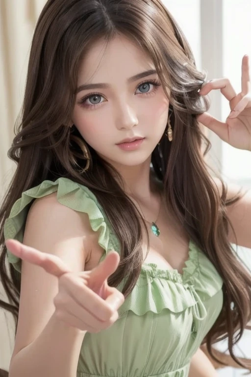 Wavy long hair, Brown Hair,  One girl ,  Emerald Eyes , Shake with two fingers,  pink lips, Pastel Green Dress,