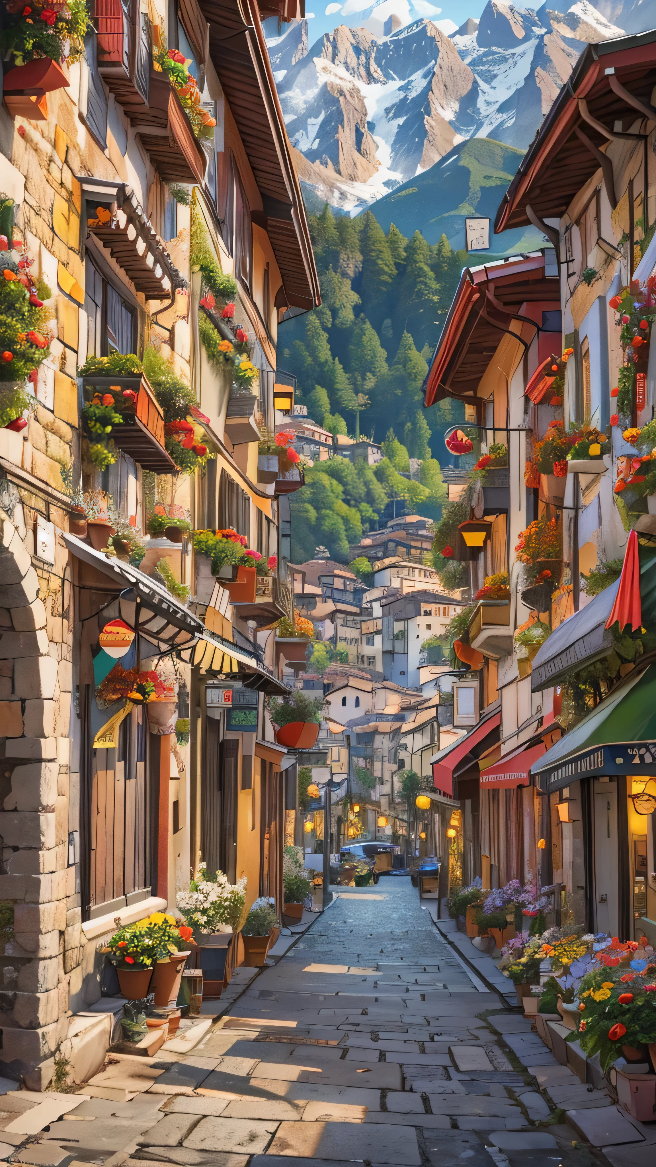  in high-definition images,　 City at the foot of the Italian Alps 、 Extremely Exquisite Streetscape at the Foot of the Alps 、Natural background、 Beautifully Decorated Christmas Decorations 、 Christmas trees and colorful decorations are displayed throughout the city、 perfect artwork、Distant Alps Background 、 visual artist 、 High Definition 、Octane rendering、 Cinematic