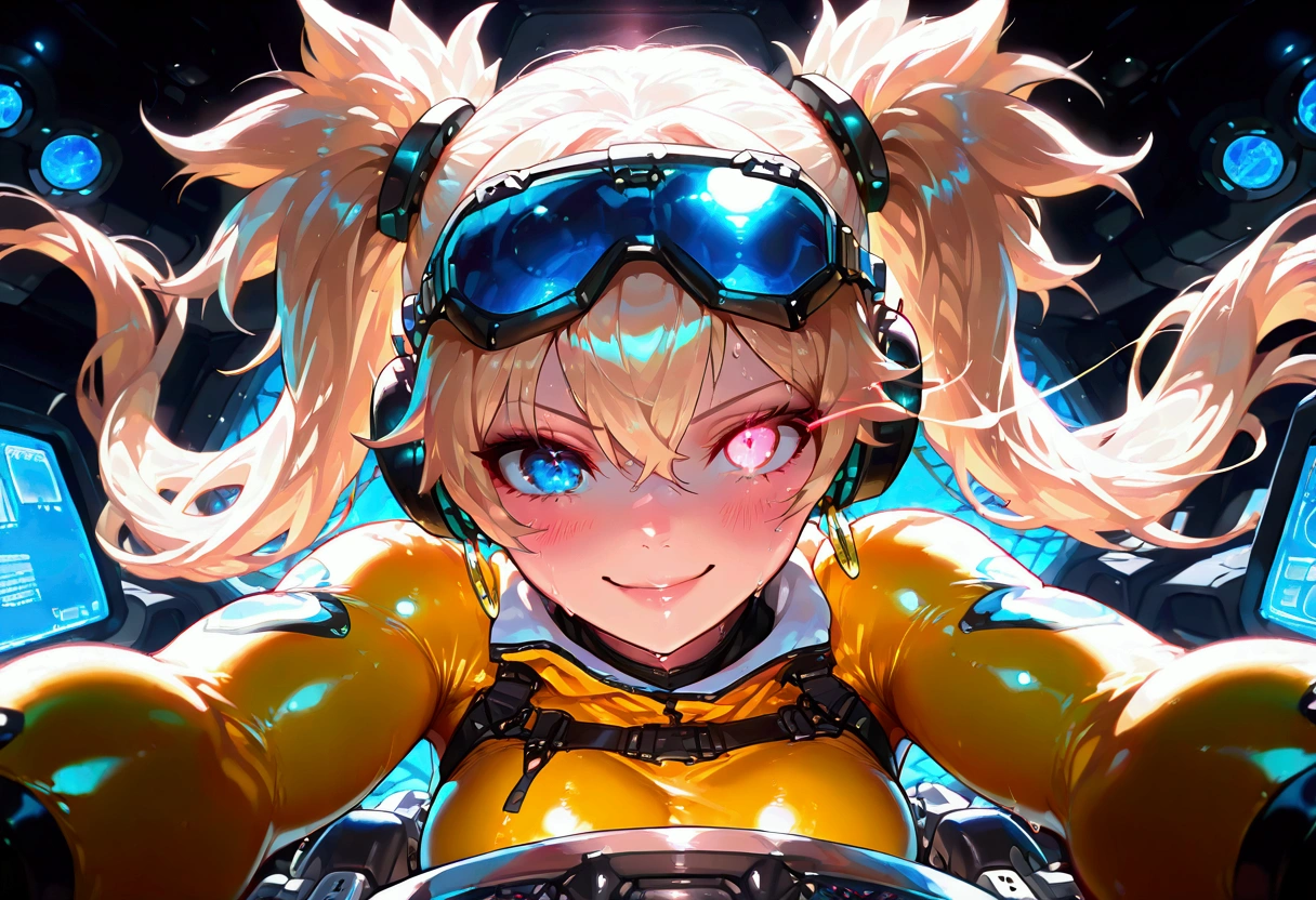 taut yellow bodysuit on emboss processing exoskeleton, headphones gear, futuristic goggles on eyes, looking at viewer, robot in cockpit, futuristic base, indoors, cute girl, solo, long hair, twintail hair, blonde hair with white ends, heterochromia, One eye shines, (glowing eye trail:1.3), large chest, hoop Pierced earrings, glossy lips, blush, crazy smile, flawless smooth skin, looking at viewer, sweat, flawless smooth skin, glowing system, stardust sky, (best quality,4k,8k,highres,masterpiece:1.2),ultra-detailed,intricate details, high fashion, dramatic lighting, cool colors, chiaroscuro