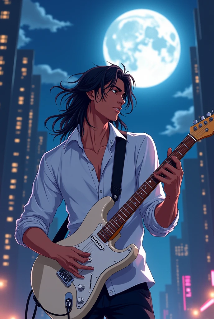Handsome boy with long hair and prominent muscles wearing shorts sitting on the beach with a big moon behind him and playing guitar