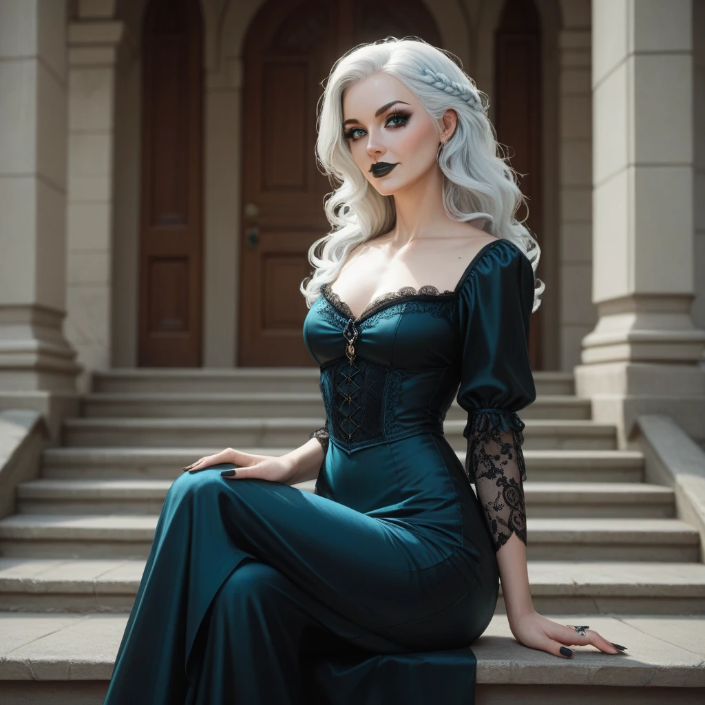 Generate an image of 22-year-old woman
with a gothic style
shoulder length wavy white hair short
dark long medieval dress
black rings
black pointed nails
cyan eyes
all body, With the tip of cyan hair
black lipstick
black eye makeup
long legs