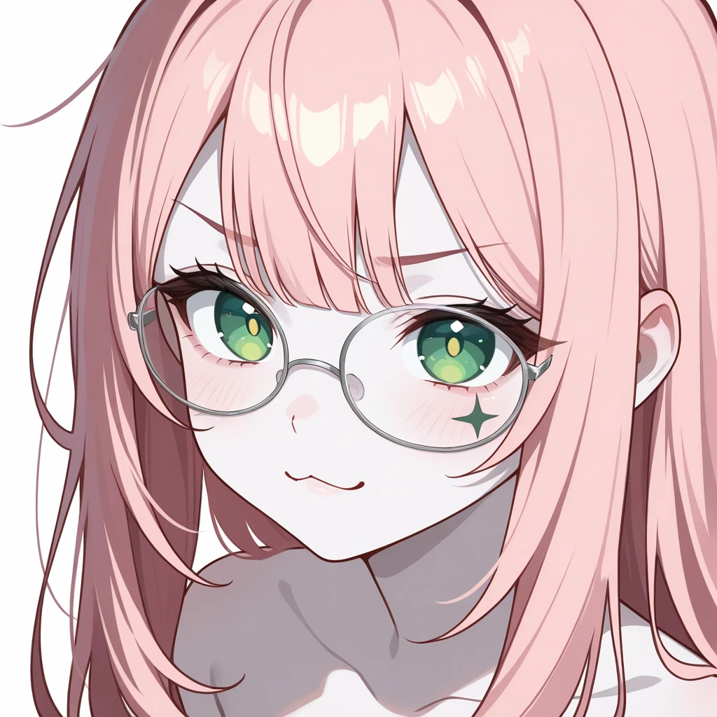  Medium quality ,  A girl, pale skin, blush, rosy shoulders , series,  long hair, straight hair,  fringe on eyes ,  green eyes,  dark green pupils,  white glitter on the eyes, gray glasses , neko girl, Alone,  white background,  light pink hair, >:3, waifus