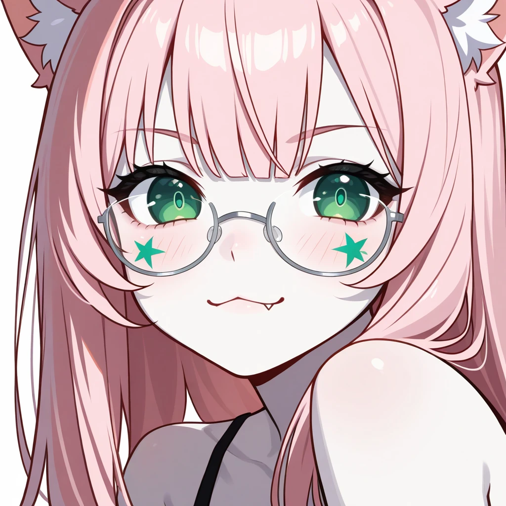  Medium quality ,  A girl, pale skin, blush, rosy shoulders , series,  long hair, straight hair,  fringe on eyes ,  green eyes,  dark green pupils,  white glitter on the eyes, gray glasses , neko girl, Alone,  white background,  light pink hair, >:3, waifus