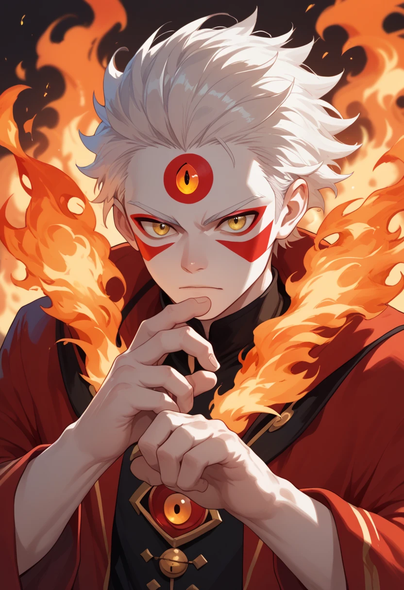 man, fire hair, white skin, red face paint, anime style, fire powers, yellow eyes, white hair, cat-like third eye on forehead, fire in hands