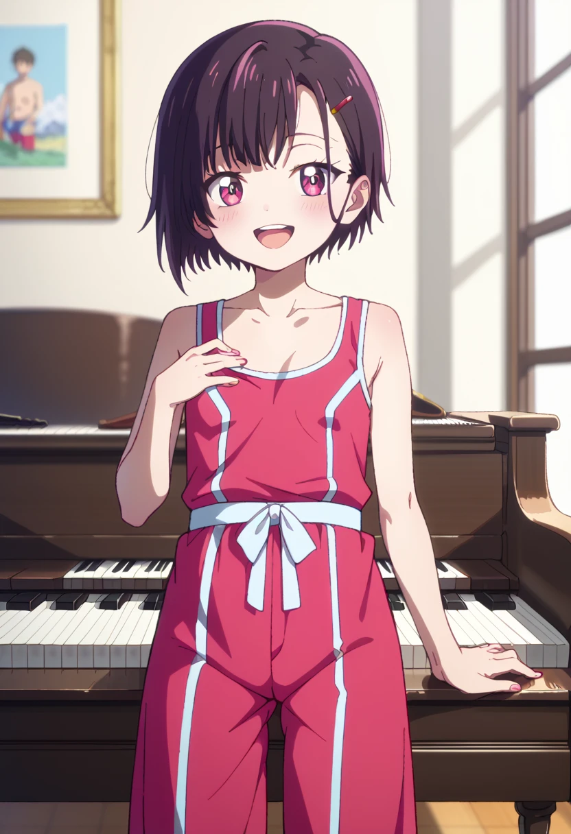 (( top quality )), ((masterpiece)), (be familiar with),  perfect face, indoor, bedroom,  Watching Viewers ,
One woman, Mikazuki Kan,
 open mouth,  ecstatic expression beside the piano, blush, smile,
 small ,  flat chest, Young girl, Lori,  kids,  girl,
Short Hair,  Shorthair,
Leg spread,