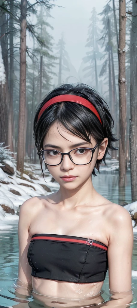 masterpiece, best quality, (realistic,photo-realistic:1.4), (RAW photo:1.2), extremely detailed CG unity 8k wallpaper, delicate and beautiful, amazing,finely detail, official art, absurdres, incredibly absurdres, huge filesize, ultra-detailed,extremely detailed eyes and face,light on face,sarada,(smirk:1.4),(black hair:1.4),(very short hair:1.4),nature,sarada uchiha,(wearing black framed glasses:1.5),(partially submerged:1.5),(nature:1.4),(tube top:1.4),red hairband,(winter background:1.5),pine forrest