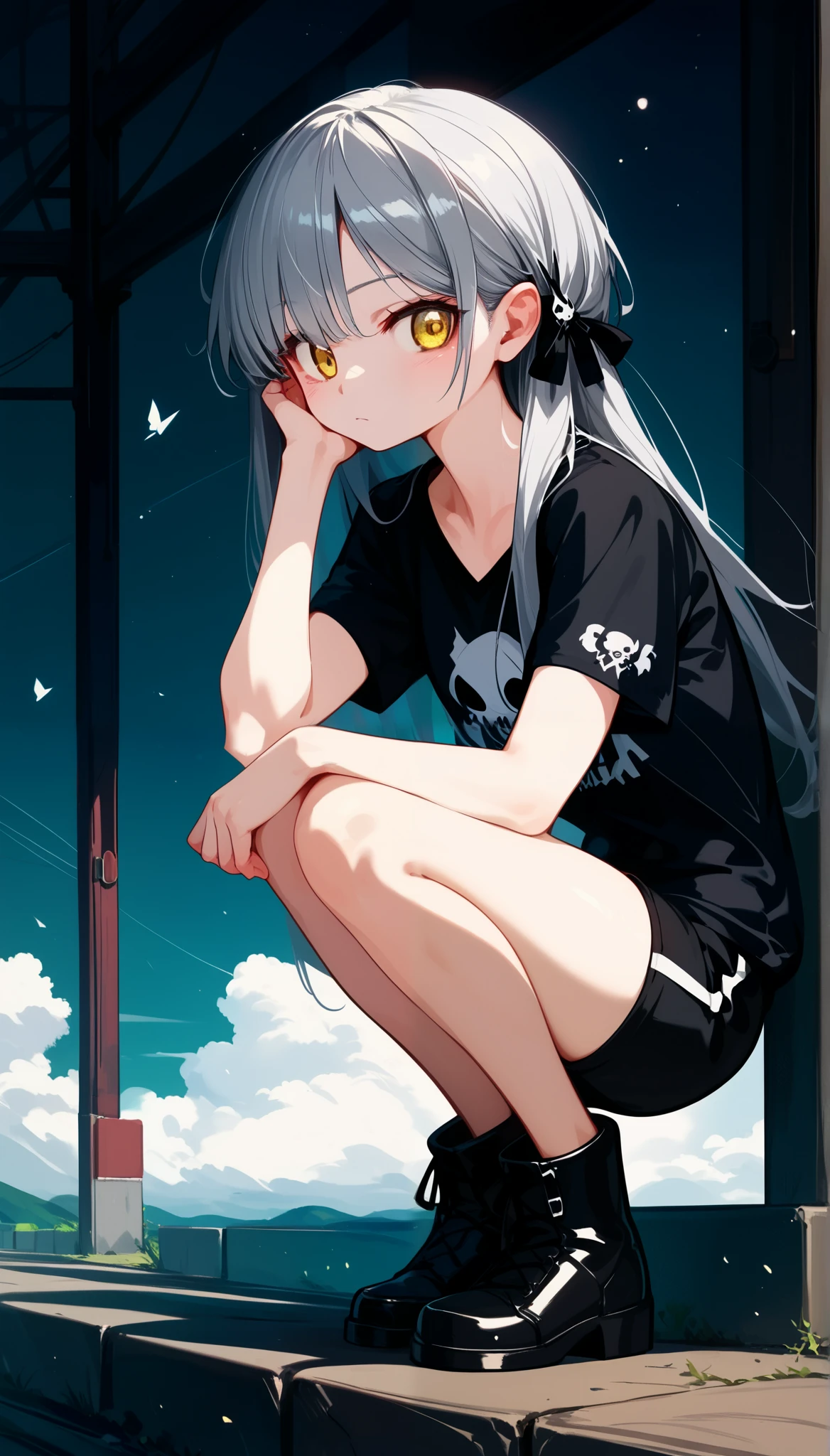   raw photos from the last century  、  realistic  、  top quality 、masterpiece, Gray Hair,  金色の縞模様のGray Hair  ,   super cute girl  ,   yellow eyes.   squat,   gothic t-shirt   ,   Gothic Shorts   ,   black boots ,  Little Sister ,  cute girl,   anime style art   ,   Detailed Illustration   ,   bright color ,    Beautiful null landscape similar to Magical Cute Null Blue Stream Overlay Scene ,   focused gaze,   Edgy Look   , Expressive ,  Unique style  , Eye-catching, , Detailed hair  ,   realistic   shadows, 8k
