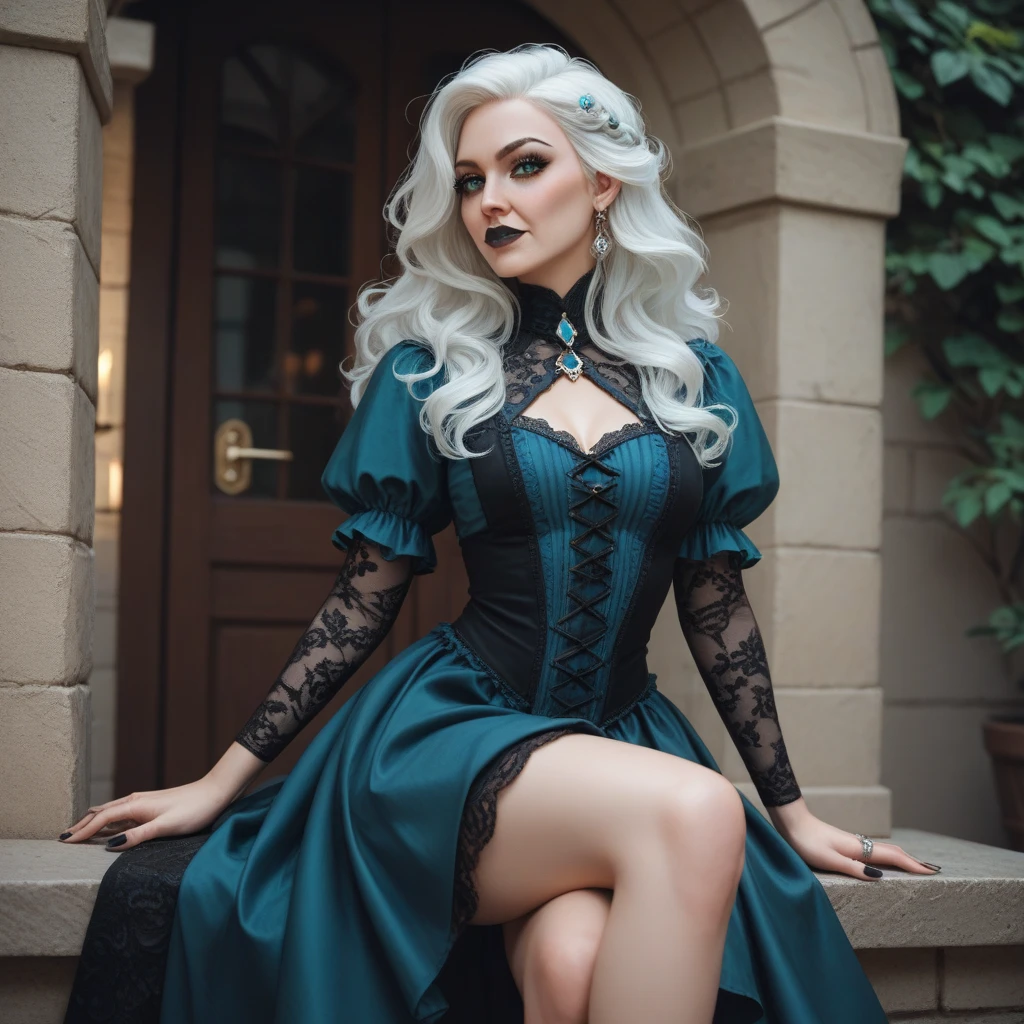 Generate an image of 22-year-old woman
with a gothic style
shoulder length wavy white hair short
dark long medieval dress
black rings
black pointed nails
cyan eyes
all body, With the tip of cyan hair
black lipstick
black eye makeup
long legs