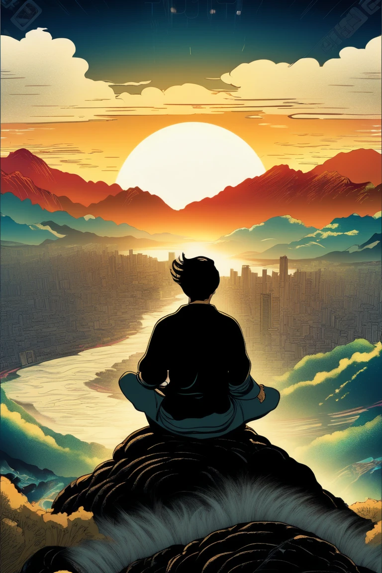   a poster of a man with his back sitting on his back on the top of a mountain meditating in natural, with black wavy hair and a basic black t-shirt and in the background a distant city with some tall and faint buildings. beautiful  movie poster ,  Key art of the film ,  movie poster without text ,  movie poster ,  movie poster , movie poster style ,  film grain,  concept art of the film , ,  cinematic wallpaper 4k ,  cinematic wallpaper 4k , filmic,  cinematic atmosphere , , film records, vibrant colors,  inspired by graphic novel ,  Detailed comic art ,, in the style of Japanese woodcuts mixed with realism realism ,  luminous and dreamlike scenes, with some magenta tones