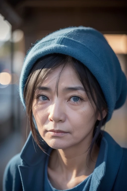 ( Steve McCary Style), Japanese old lady, Wrinkles, Sad and homeless ((Wear a blue wool coat )), (melancholy), 1 Female, Alone, Straight Black Hair and Hairstyles ,  VERY DETAILED FACE ,  beautiful eyes, [ in her 20s],  adorable, Sharp eyed , Sad eyes, bitter, ( Rembrandt Lighting), Zeiss Lenses,  super real , (  very detailed skin : 1.2),  8K Ultra HD , digital SLR, Dramatic ney light,   High Quality , Fujifilm XT3,