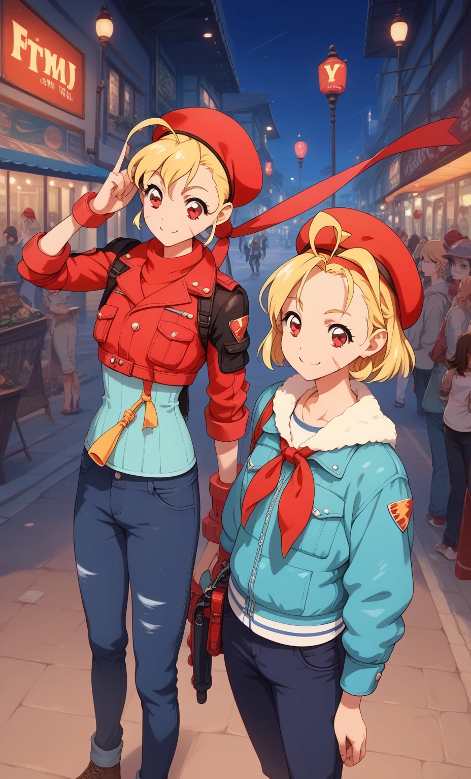 (RED Ribbon on HAIRband:1.2),Cammy SF Style, pants, pants, Jacket, often play sports, short hair, standing,red eyes, highest quality, masterpiece, High resolution,view audience,smile ,Street at night,hosimiya ichigo,