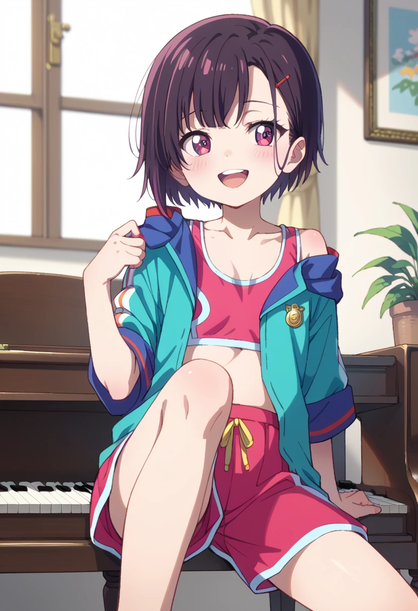 (( top quality )), ((masterpiece)), (be familiar with),  perfect face, indoor, bedroom,  Watching Viewers ,
One woman, Mikazuki Kan,
 open mouth,  ecstatic expression beside the piano, blush, smile,
 small ,  flat chest, Young girl, Lori,  kids,  girl,
Short Hair,  Shorthair,
Leg spread,