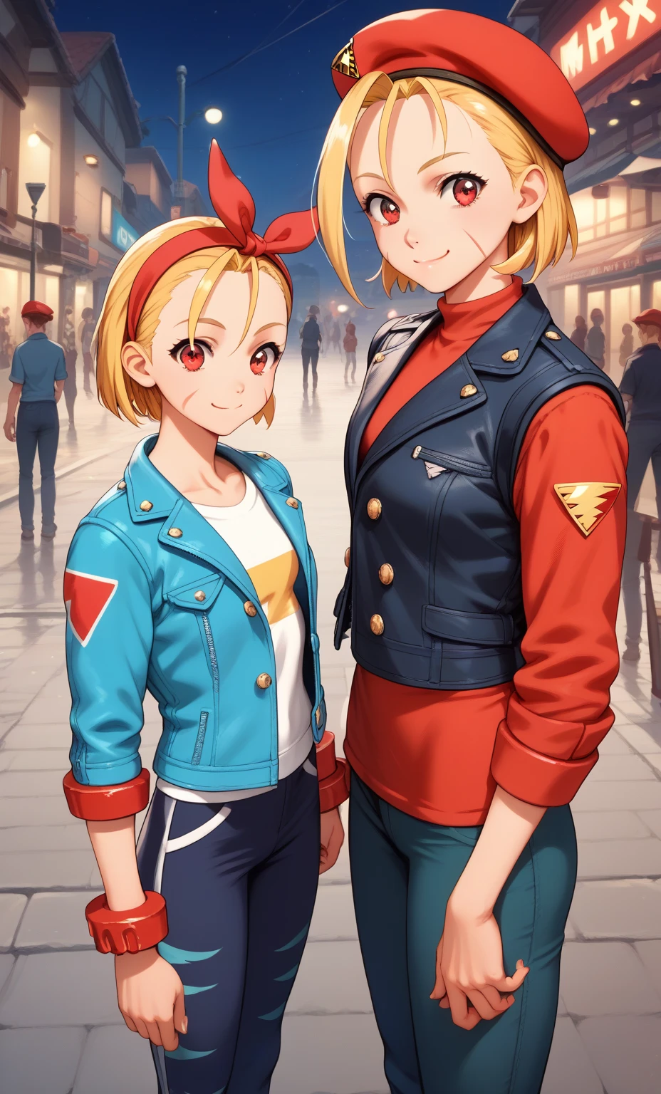 (RED Ribbon on HAIRband:1.2),Cammy SF Style, pants, pants, Jacket, often play sports, short hair, standing,red eyes, highest quality, masterpiece, High resolution,view audience,smile ,Street at night,hosimiya ichigo,