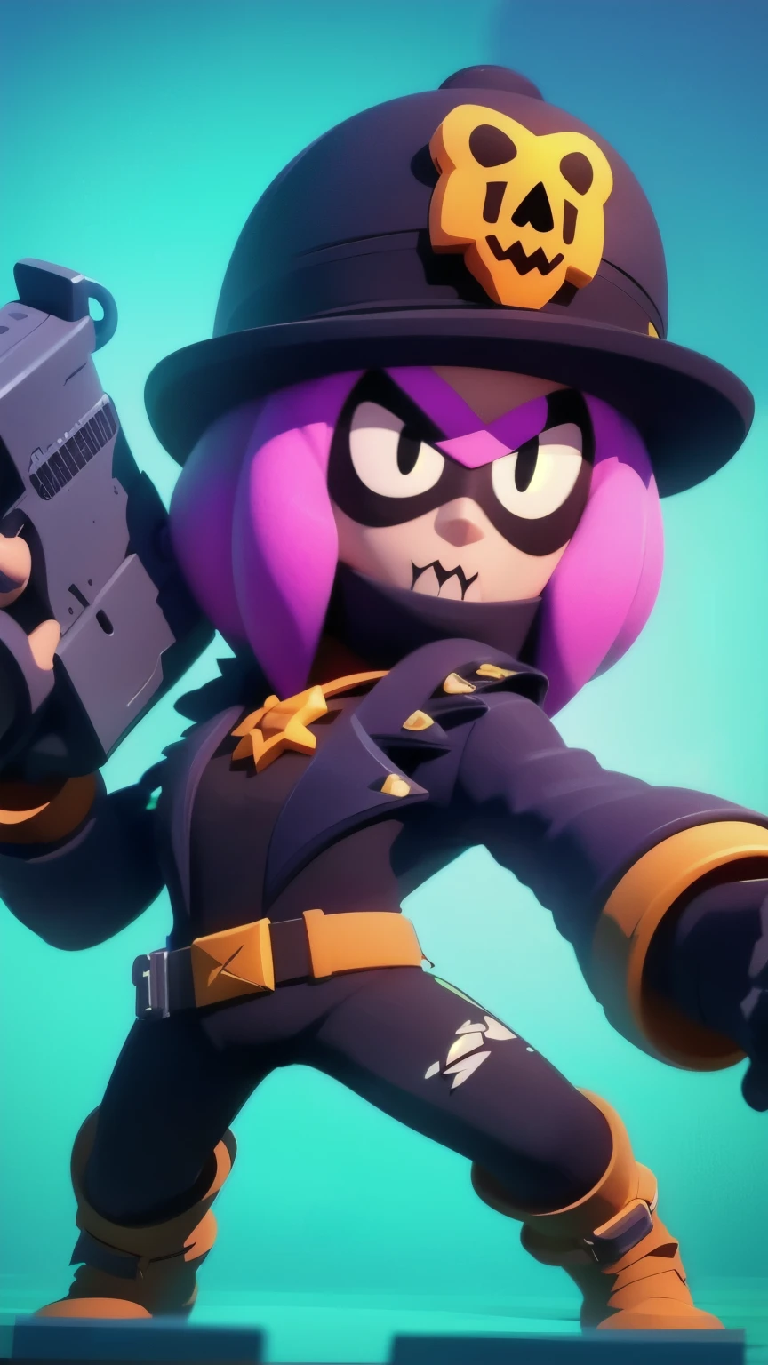 a full body close up of a person holding a gun and a flashlight, (((a hot gothic vampire girl)) , brawl stars, splash art brawlstars, epic art style, blaster fire bright as neon, game character, in game style 8k, merged character, fortnite art style, stylized character, holding a blaster, slick clammy skin, clash royal style characters, mobile game style, new character