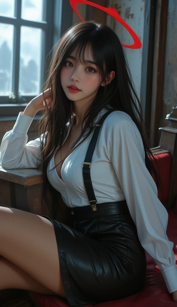(Best quality,8k,high resolution,masterpiece:1.2),Digital Artwork, A girl，Delicate face，Delicate eyes，Dark brown hair，Straight Hair，Shining amber eyes，Red lips，Suspenders ，particle，dust，Slightly blush，shy，in love，looking at affectionately，(HD skin)，Shallow depth of field，Warm colors，Two-color light