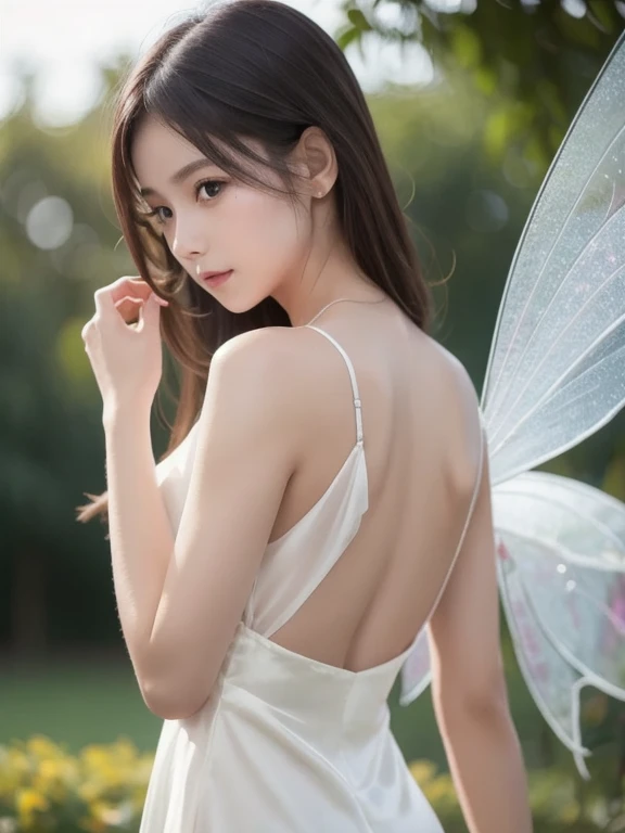 ((1girl)),in beautiful fairy, pose at massive beautiful garden view, makeup with glossy lip, small breasts, (beautiful fairy:1.4), various angle, ((face focus)), 22 years old, Beautiful Korean Girl, ((back)) pose, (nsfw:1.4), flower on her body