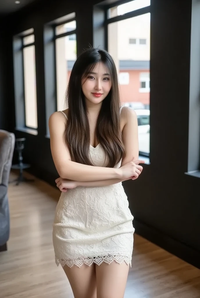 20's Korean Girl, Masterpiece Detail, 4K, Deep Focus, Clear Focus on Facial Details, Light Hitting Skin Makes Skin Highlight (Natural Light, Good Light, Afternoon Light), Natural Breasts, Wearing white Lace Dress, Beautiful Thighs, Standing in Sexy Magazine Style Poses, Full Body, In a Room with black Walls, Large Windows.