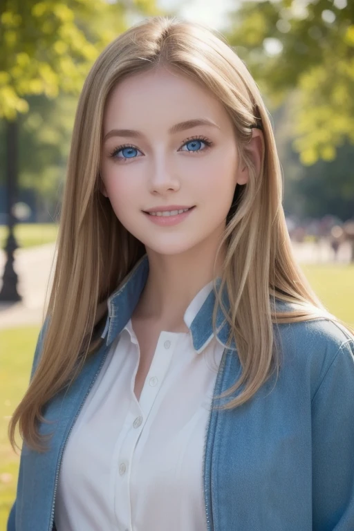 masterpiece,  top quality ,  One girl ,  beautiful, , delicate, Extremely complex,   Details, Blonde,  jacket,  blue eyes, ((masterpiece)), extremely   Details,  top quality ,  high res, ((In the park)), Bridget, smile,  