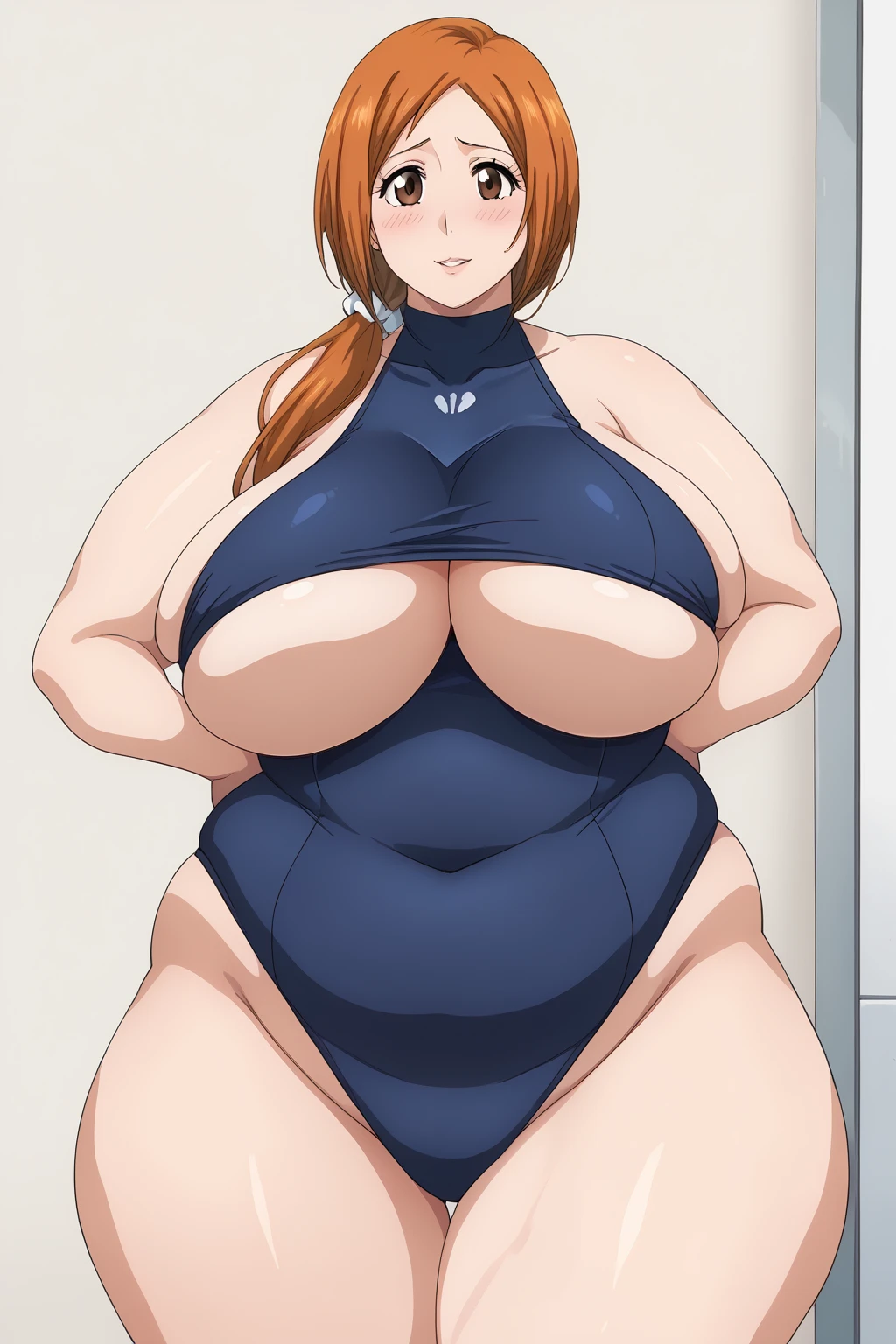 inoue orihime, Orihime Inoue, milf, 40 years old,  long hair,  orange hair,  (brown eyes),low ponytail, I'm tying my hair to one at the back,White scrunchie, ( navy blue school swimsuit), score_9,  score_8_ up,  score_7_ up,  score_6_ up,  score_5_ up,  score_4_ up,  Masterpiece ,  top quality , Very aesthetic,   absurd,  Source_Anime, Anime screencap 一人の女性、Alone、 personal 、Super huge breasts, ((( super huge clevis 、Super huge, Super huge boob))),Curvy、 Wide Hips、 embarrassing expression 、  troubled expression,living,  in her 20s, ssbbw, chybby,blush, Fat face, Married Woman, 