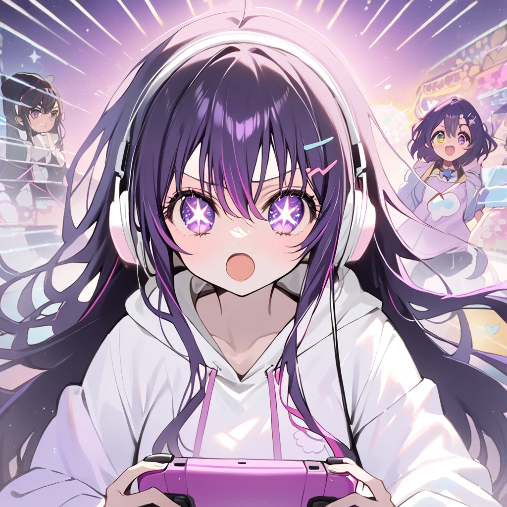 girl, Hoshino Ai, Stars in my eyes, black cap, purple long hair, white hoodie, pastel white ((heart)) sun glasses, wearing headphones, playing games.