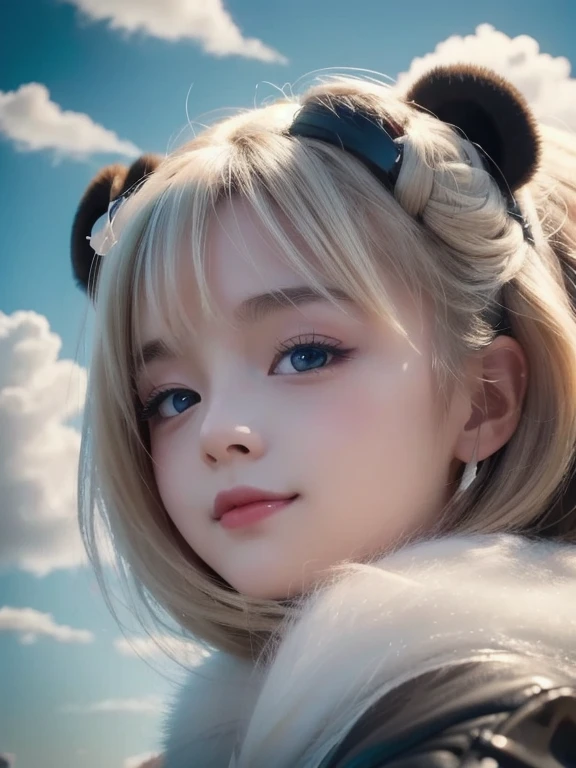 masterpiece, top quality,  cinematic stills,  One Girl ,  in the sky, Cloud Girl, cloud, (close-up: 1.1),  bright ,  happy , fun,  soft lighting , (Bauhaus, shape, line, Abstract: 1.1),  panda ear