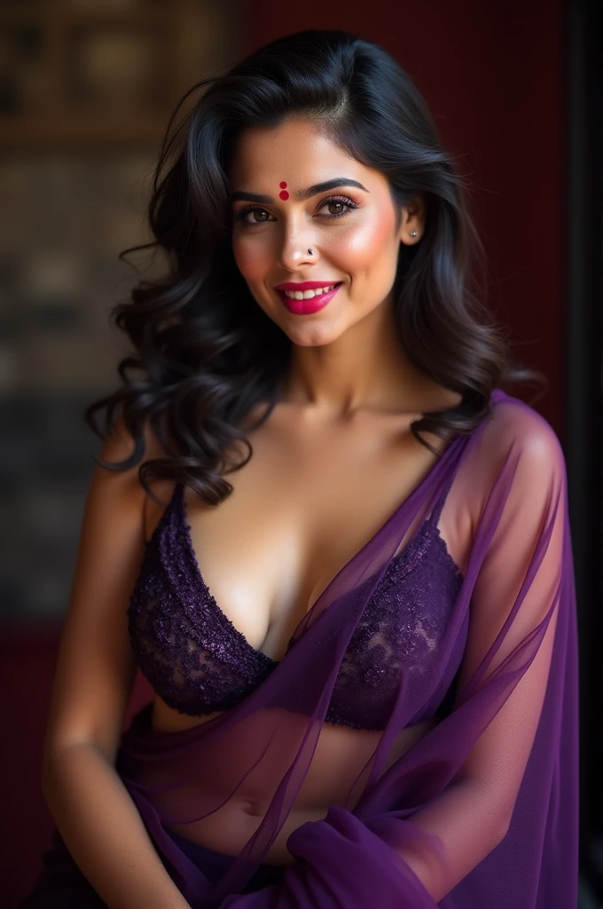 day scene, extreme close up photo of fully naked Moroccan woman from top view, big cheeks, swooping breasts, chin up, kneeling in a bedroom, maroon see through bra, brown curly hair, armpits, (brown eyes:1), 20 yo, look at viewer and smile, (cinematic:1.3), intricate details, (ArtStation:1.2)