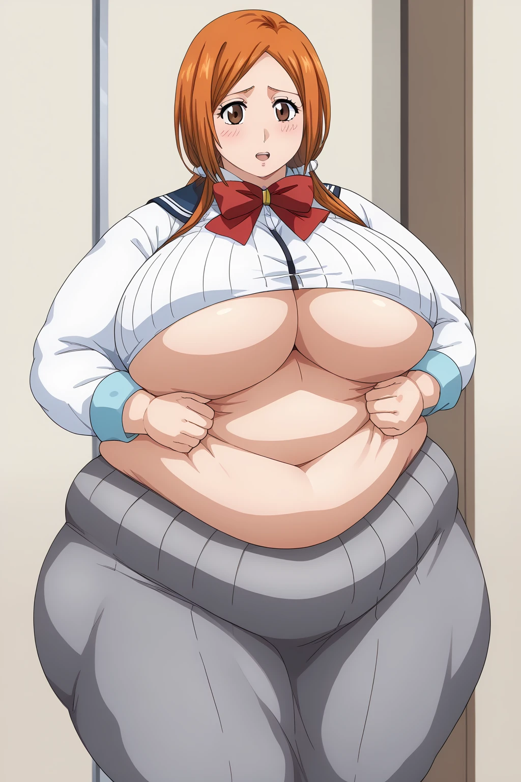 inoue orihime, Orihime Inoue, milf, 40 years old,  long hair,  orange hair,  (brown eyes),low ponytail, I'm tying my hair to one at the back,White scrunchie, ( school uniform, sailor suit),  white Y shirt,  Red Bow Tie ,  gray skirt,( miniskirt),  score_9,  score_8_ up,  score_7_ up,  score_6_ up,  score_5_ up,  score_4_ up,  Masterpiece ,  top quality , Very aesthetic,   absurd,  Source_Anime, Anime screencap 一人の女性、Alone、 personal 、Super huge breasts, ((( super huge clevis 、Super huge, Super huge boob))),Curvy、 Wide Hips、 embarrassing expression 、  troubled expression,living,  in her 20s, ssbbw, chybby,blush, Fat face, Married Woman, 