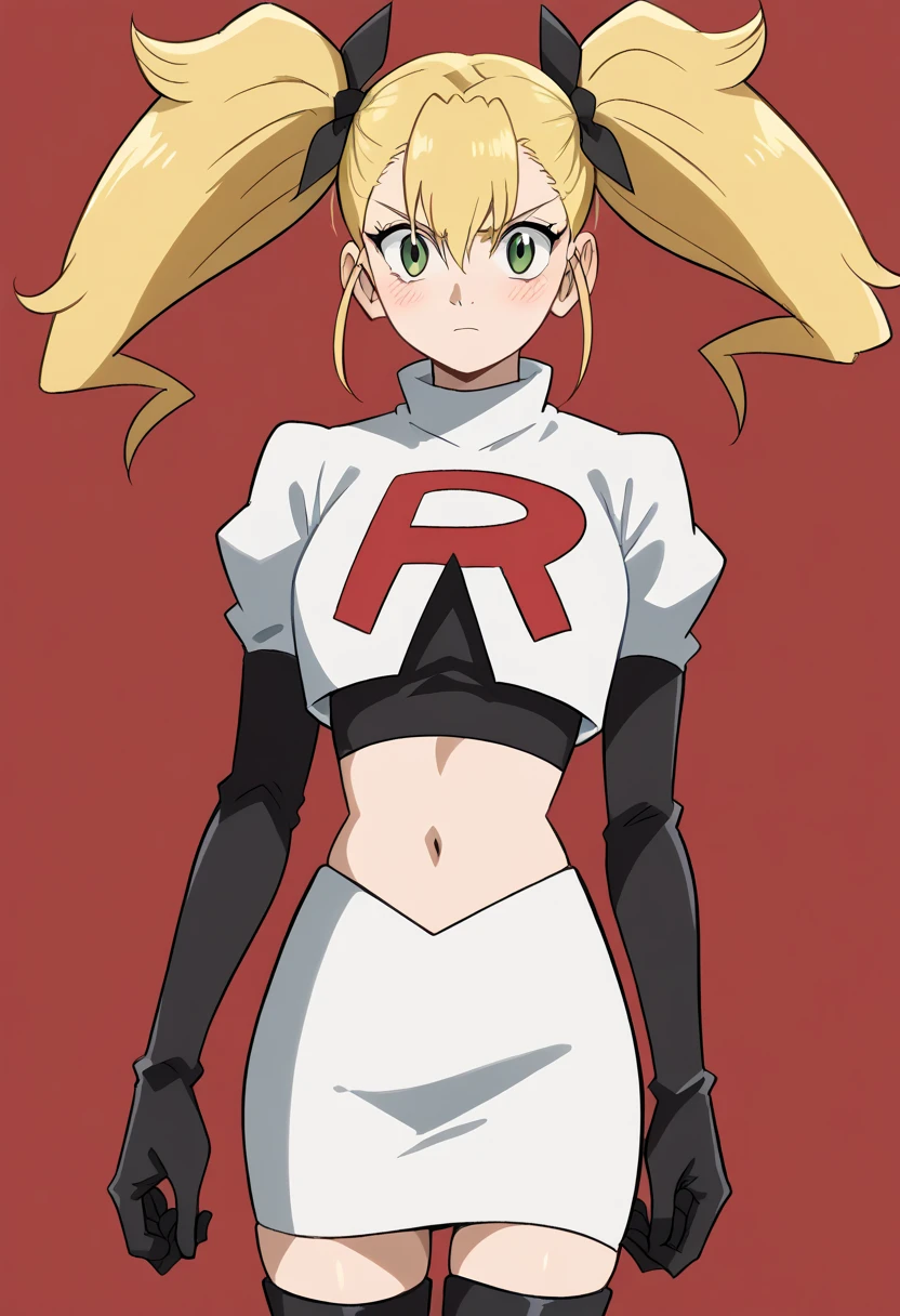 score_9, score_8_up, score_7_up, source_anime, kikoru shinomiya, long hair, blonde hair, ribbon, twintails, green eyes, hair between eyes,, blush, looking at viewer, solo,, cowboy shot, team rocket,team rocket uniform,white skirt,red letter R,crop top,black thigh-highs,black elbow gloves