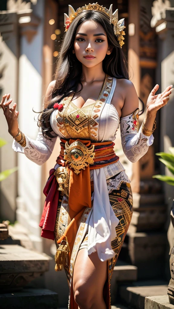 (( top quality)), ((masterpiece)), (detail), heavenly beauty Sarah Azhari, perfect facial detail , perfect finger details, black hair,fit curvy body , Beautiful legs,wearing white Balinese traditional clothes, dancing traditional Balinese dance, Balinese epic vibes, afternoon,depth of field , foto 8K, hdr, professional lighting , taken with canon eos r5 , 75mm lens