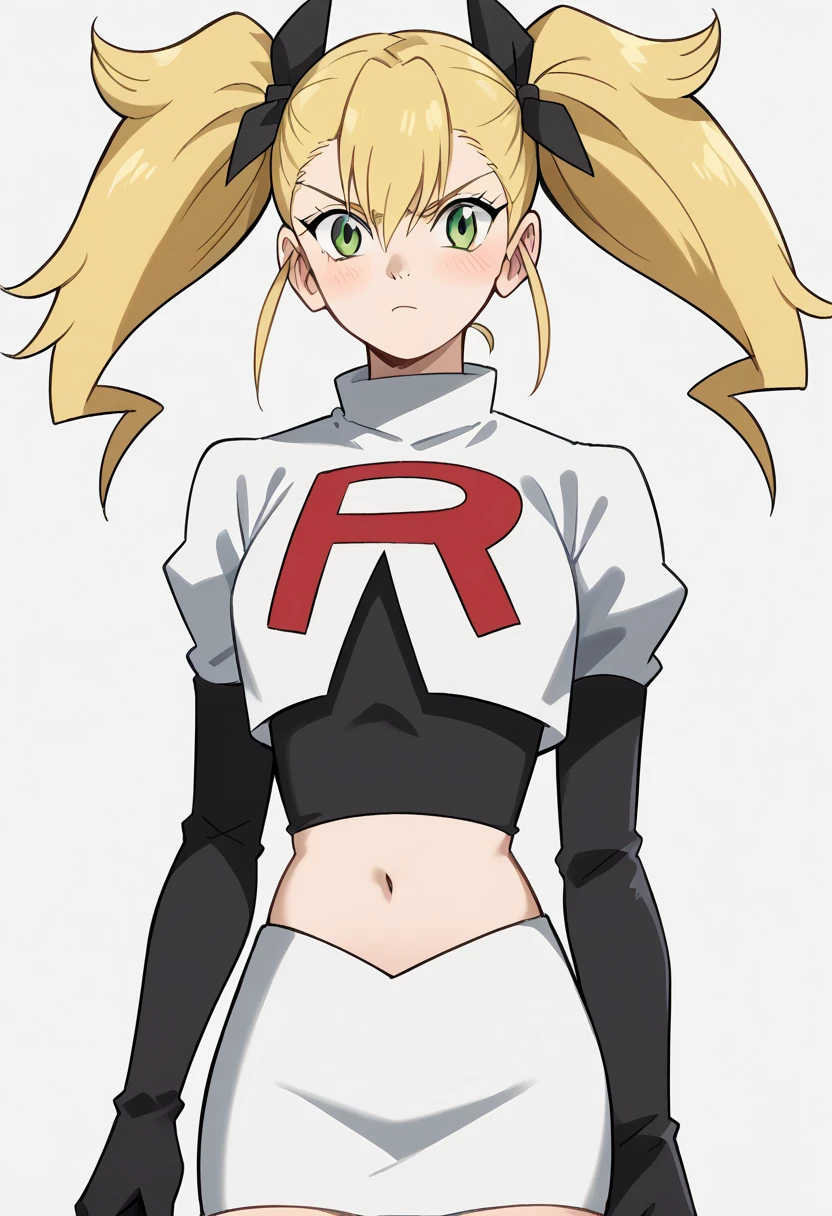 score_9, score_8_up, score_7_up, source_anime, kikoru shinomiya, long hair, blonde hair, ribbon, twintails, green eyes, hair between eyes,, blush, looking at viewer, solo,, cowboy shot, team rocket,team rocket uniform,white skirt,red letter R,crop top,black thigh-highs,black elbow gloves